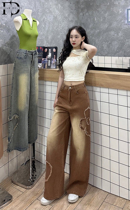 Quần Jeans Hoa Tua - Nâu -(QA71)