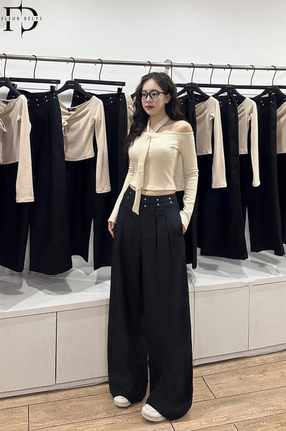 Áo Trễ Vai Phối Dây - Be -(AC207)