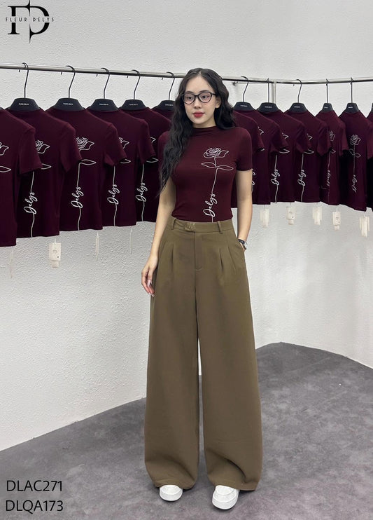 Quần 2 Ly Phối Hình Thêu Vuông - Nâu Rêu-(QA173)
