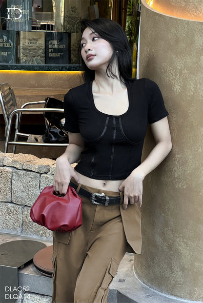 Áo Cổ U Phối Gân Da - Đen (AC52)
