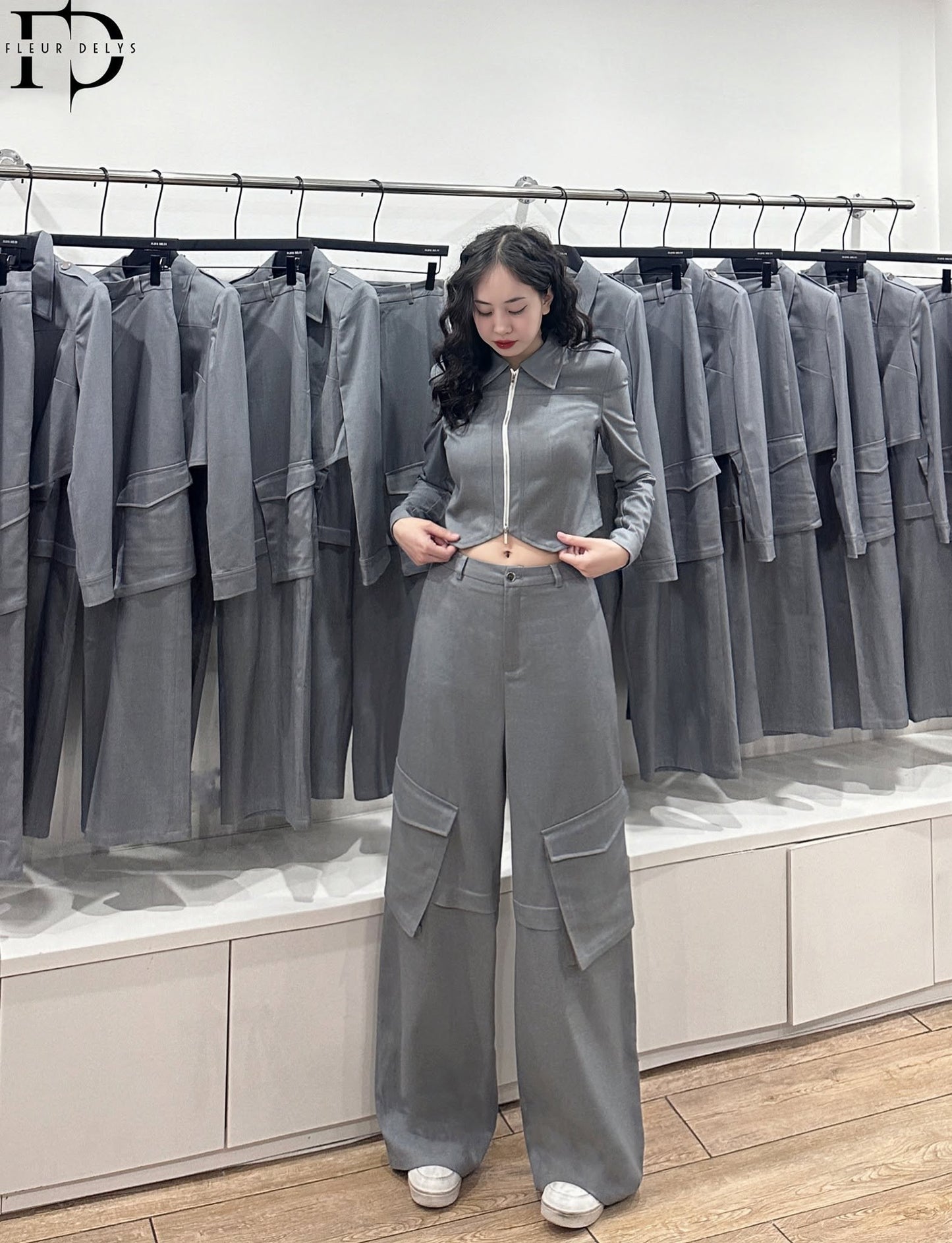 Set Dài Tay Túi Hộp Lệch - Xanh ghi - (DLBO100)