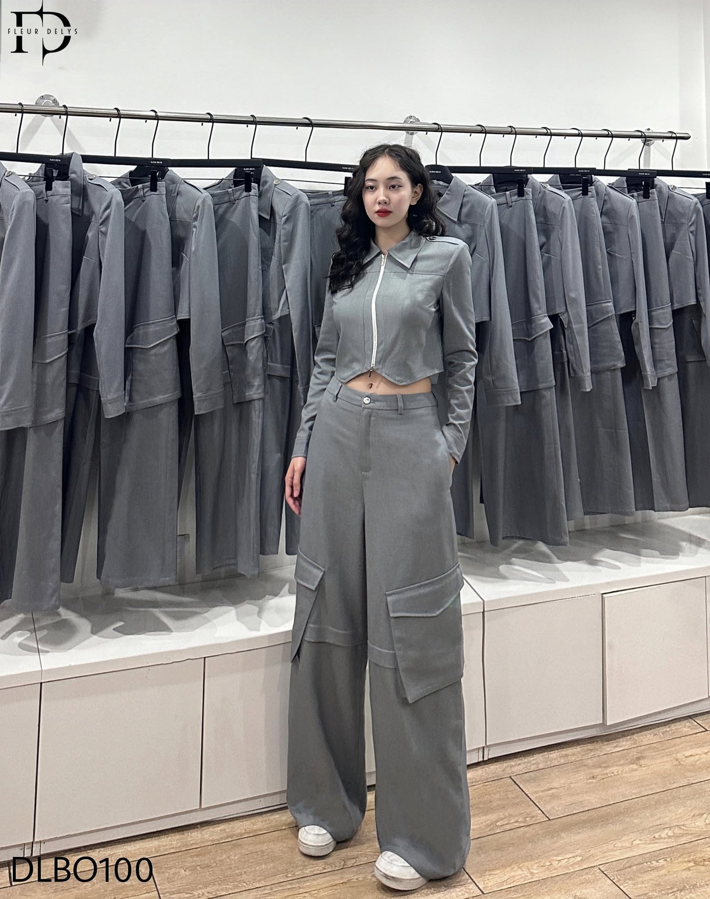 Set Dài Tay Túi Hộp Lệch - Xanh ghi - (DLBO100)