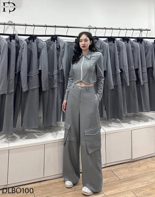 Set Dài Tay Túi Hộp Lệch - Xanh ghi - (DLBO100)