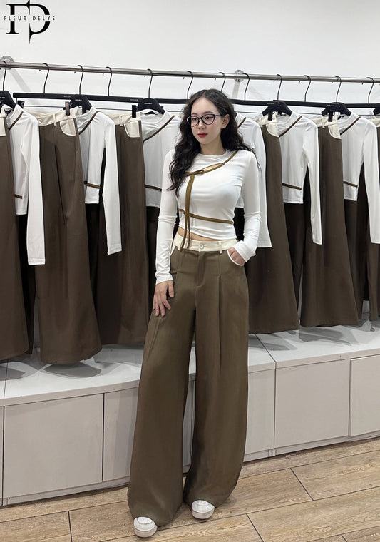 Quần Phối Cạp Da Trắng - Nâu Rêu-(DLQA121)