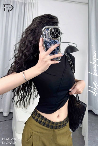 Áo Croptop Phối Gân - Đen - ( AC228)