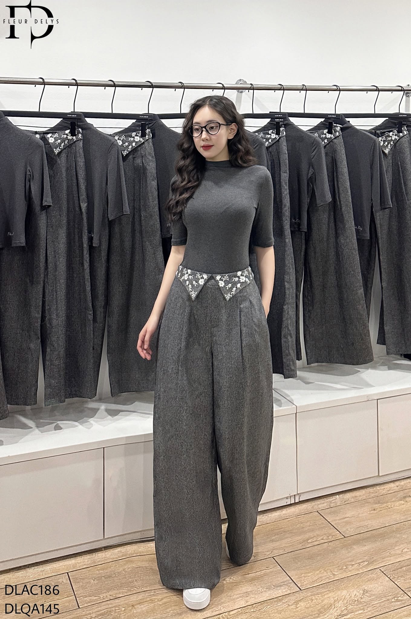 Quần Suông Cạp Thêu Hoa - Xám-(DLQA145)