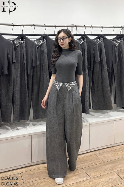Quần Suông Cạp Thêu Hoa - Xám-(DLQA145)
