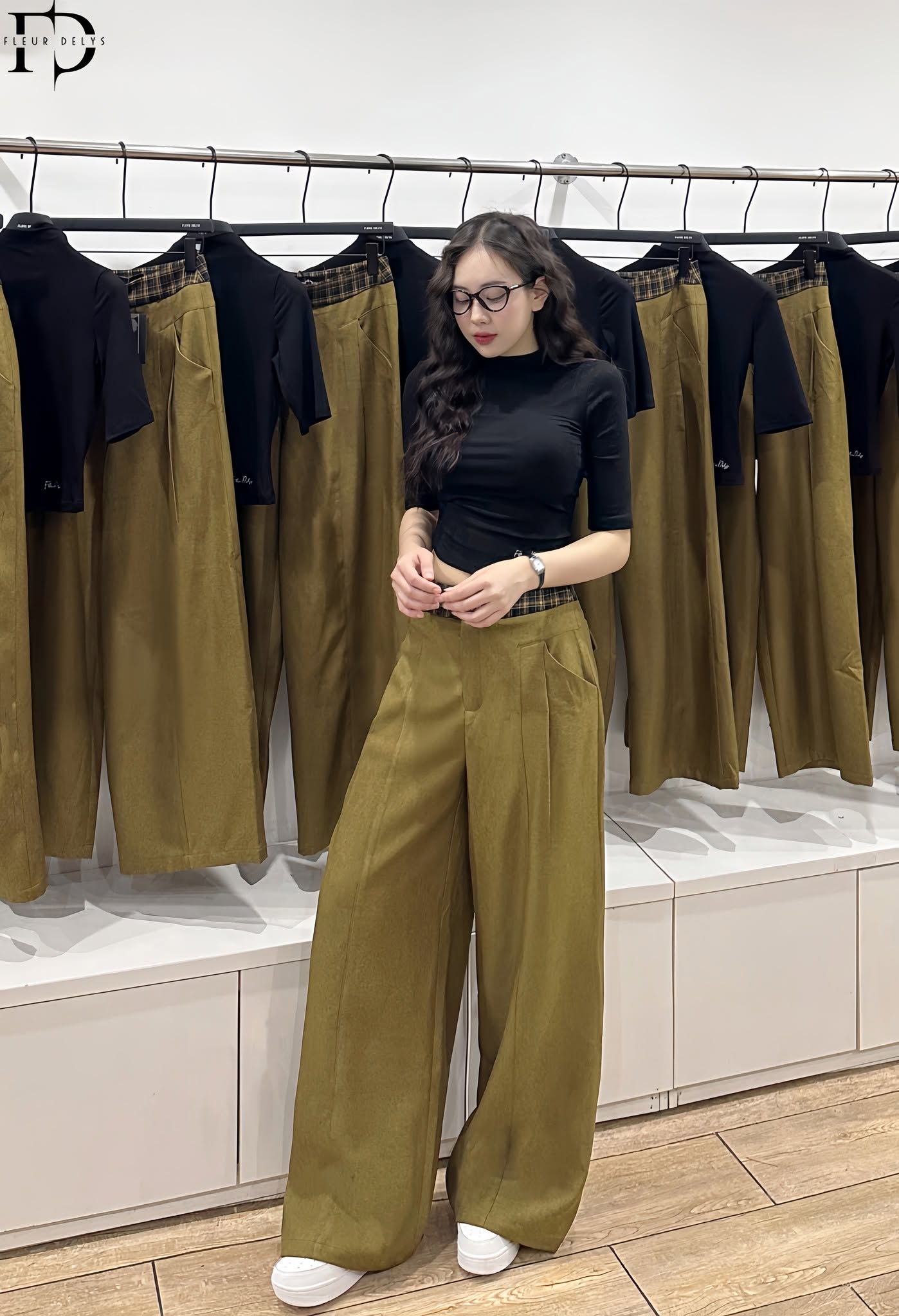 Quần Suông Cạp Kẻ - Nâu Rêu-(DLQA148)