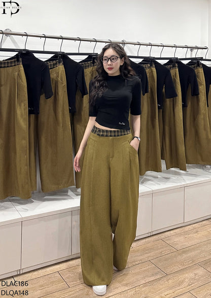 Quần Suông Cạp Kẻ - Nâu Rêu-(DLQA148)