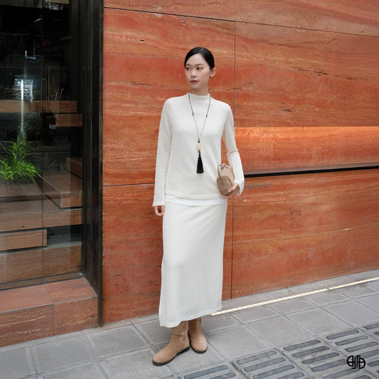 Set Len Cổ Leo Kèm Chân Váy - Kem- (DL25TBO193)