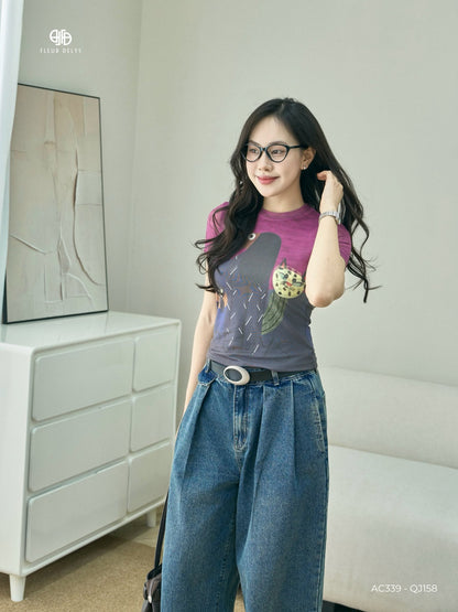 Áo Thun Họa Tiết Mèo Nghệ Thuật Phối Quần Jean Xếp Ly Gấu (AC339 + QJ158)