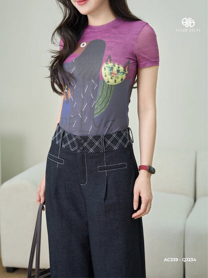 Áo Thun Họa Tiết Mèo Nghệ Thuật Phối Quần Bò Rayon Chần Trám