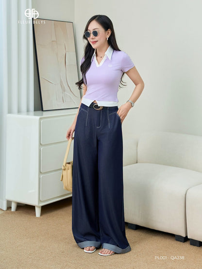 Áo Polo cổ bẻ phối gấu - Tím Pastel-(DL26HPL001)