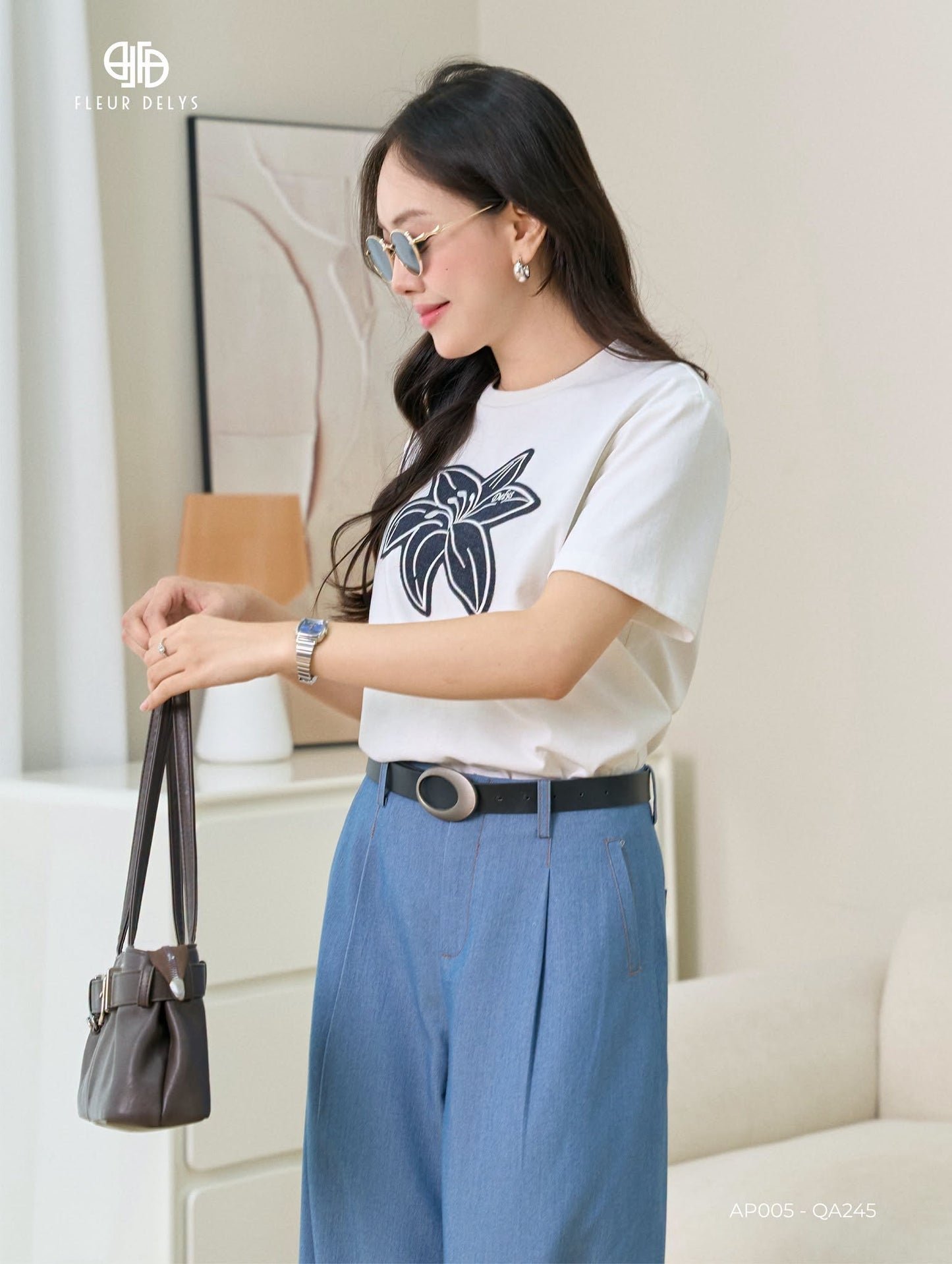 Áo Phông Thêu Hoa Huệ + Quần cạp liền chỉ bò (AP005+QA245)