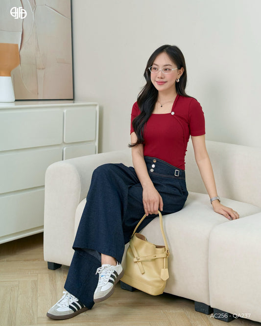 Áo Thun Phối Cúc Màu Bạc - Đỏ ( AC256)