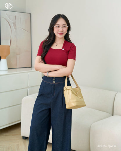 Áo Thun Phối Cúc Màu Bạc - Đỏ ( AC256)