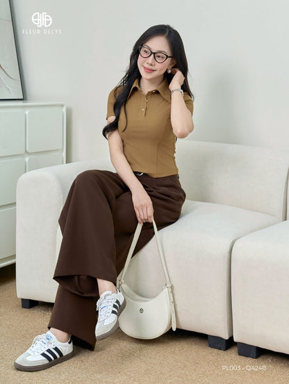 Áo polo cổ nhọn phối cúc kiểu - Vàng bò + Quần suông tôn dáng - Nâu đậm( PL003+QA240)