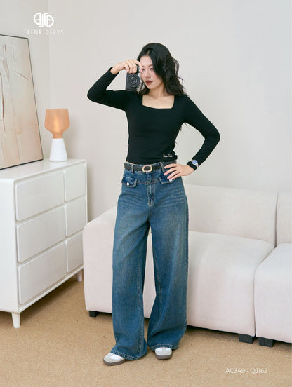 Áo cổ vuông dài tay thêu gấu - Đen  +Quần Jeans nắp túi trước (QJ162+AC349))