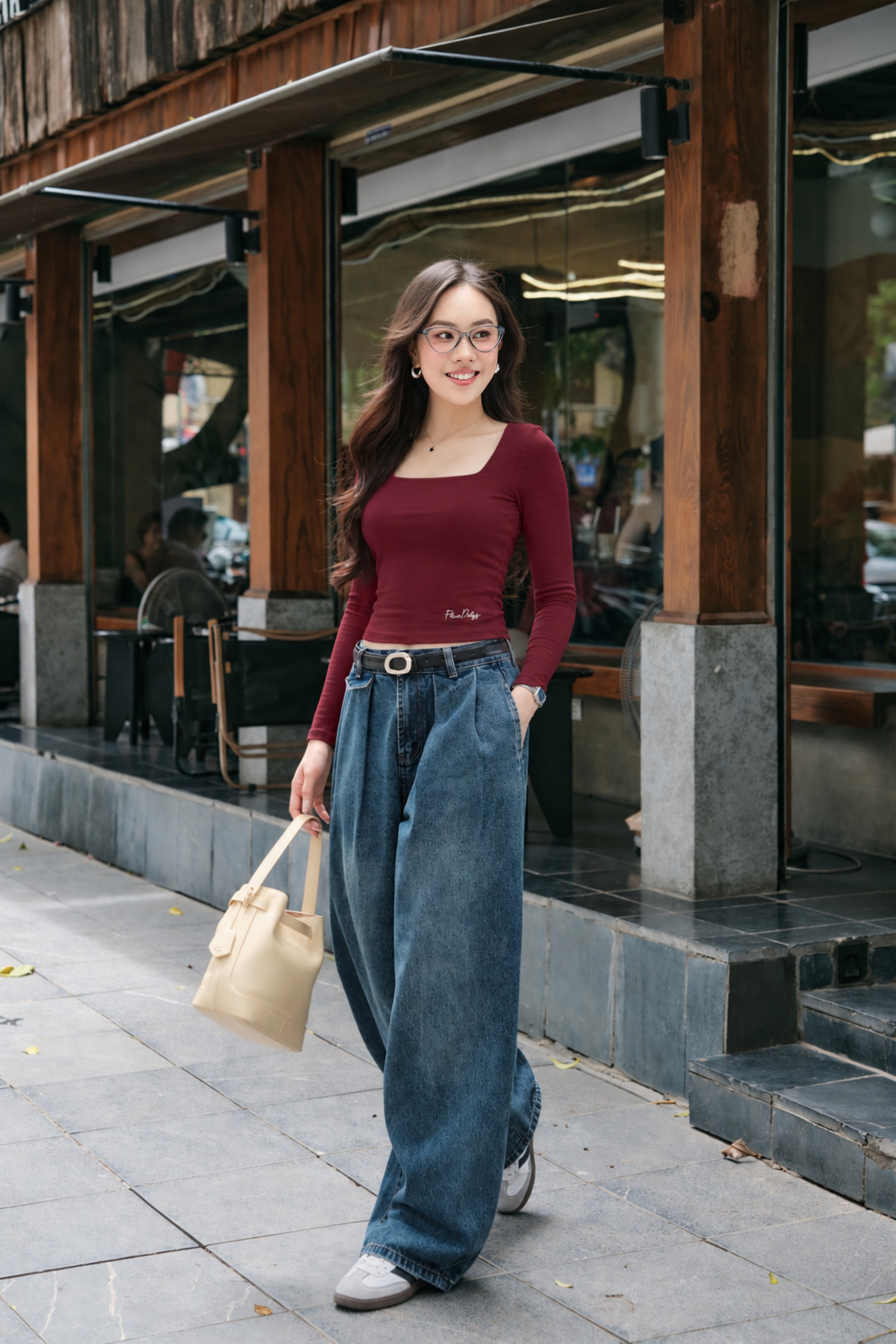 Áo Cổ Vuông Dài Tay Thêu Gấu - Đỏ Đô (AC349+QJ143)