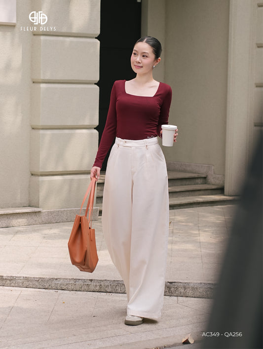 Áo Cổ Vuông Dài Tay Thêu Gấu Đỏ Đô (AC349+QA256)