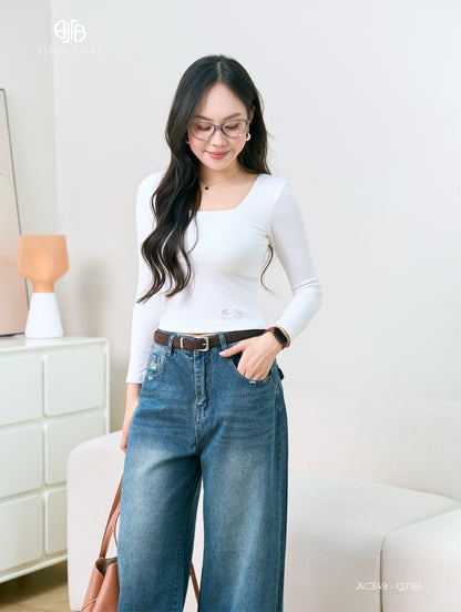 Áo Cổ Vuông Dài Tay Thêu Gấu (AC349)