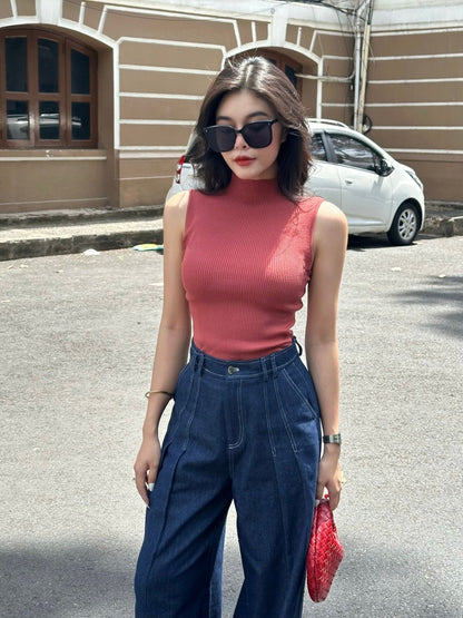 Áo Len Tăm Sát Nách Cổ Lọ - Hồng Ruốc -(AL01)