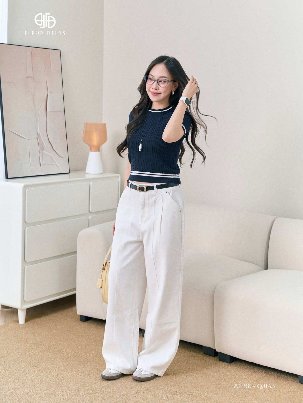 Áo Len Cổ Tròn Phối Kẻ Trắng - Xanh than (AL196)