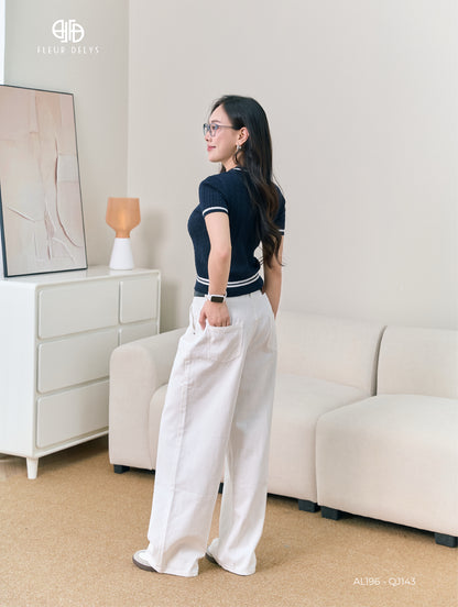 Áo Len Cổ Tròn Phối Kẻ Trắng - Xanh than (AL196)