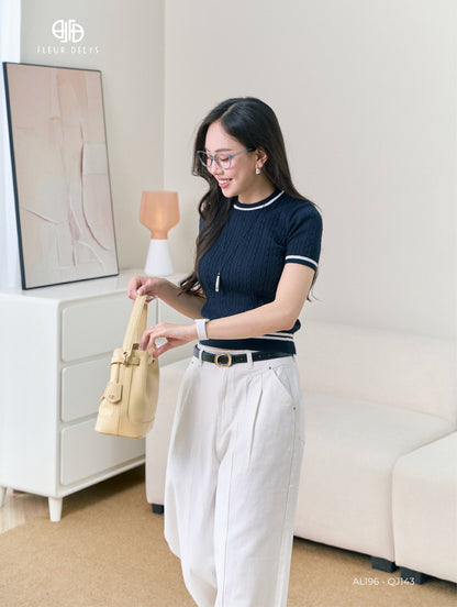Áo Len Cổ Tròn Phối Kẻ Trắng - Xanh than (AL196)