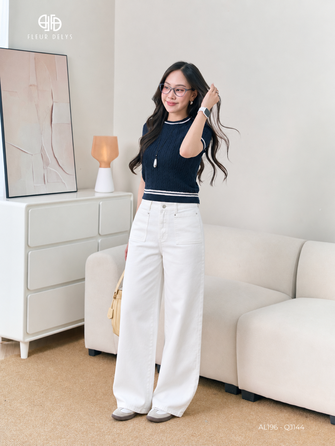 Áo Len Cổ Tròn Phối Kẻ Trắng - Xanh than (AL196+QJ144)