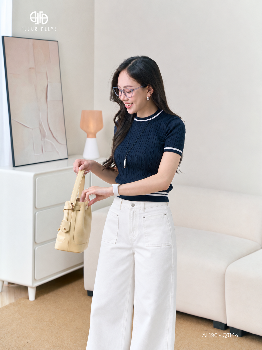 Áo Len Cổ Tròn Phối Kẻ Trắng - Xanh than (AL196+QJ144)