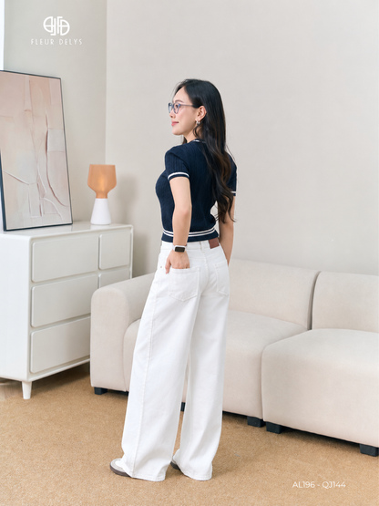 Áo Len Cổ Tròn Phối Kẻ Trắng - Xanh than (AL196+QJ144)