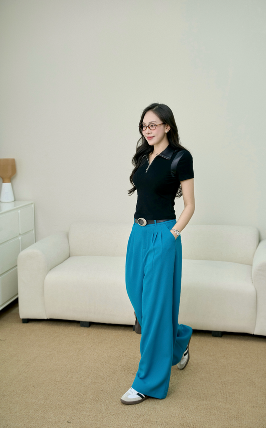 Áo Thun Cổ Bẻ Khóa Kéo Phối Da Mềm Phối Quần Xuông Tôn Dáng (AC336-QA240)