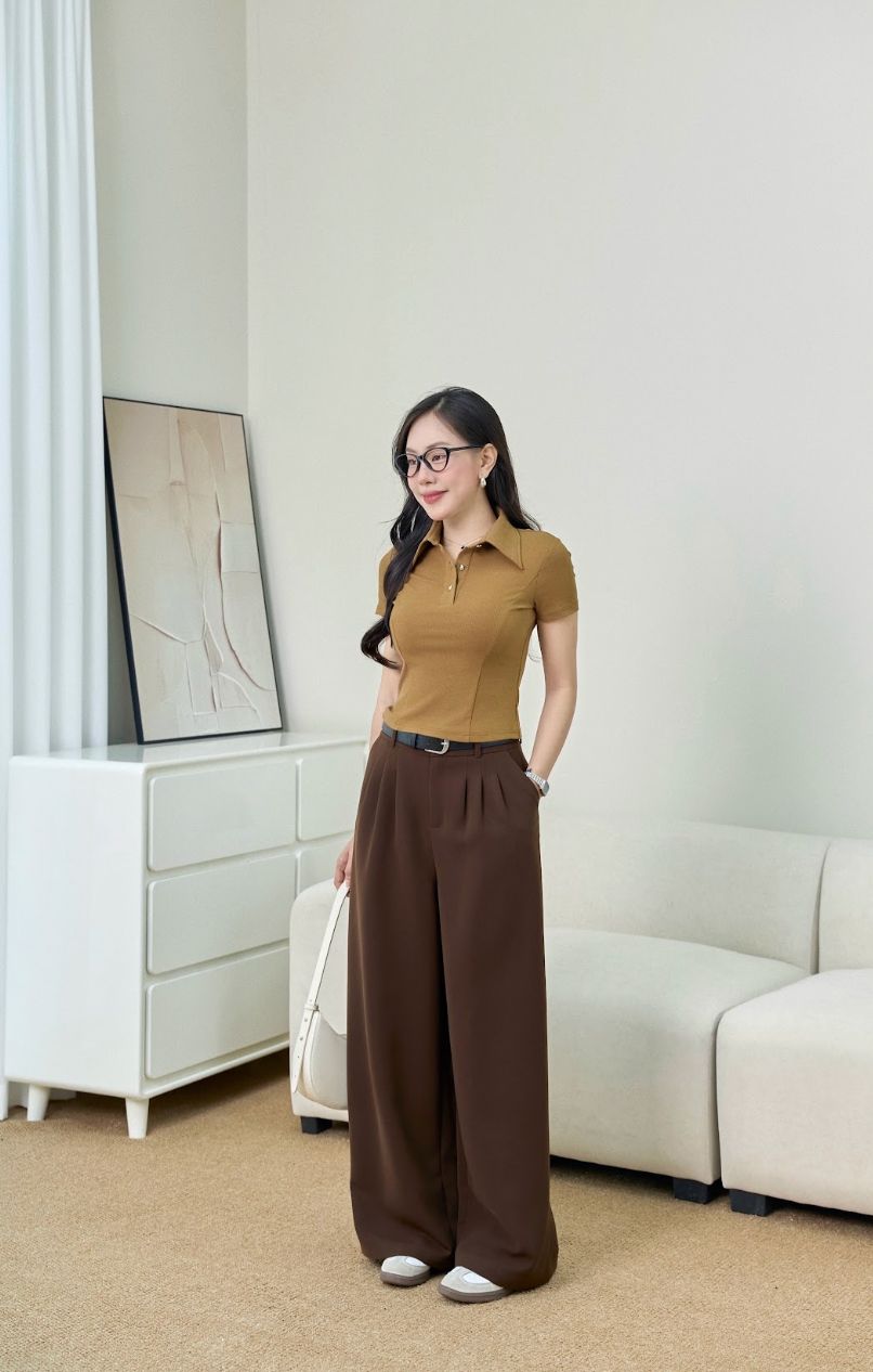 Áo polo cổ nhọn phối cúc kiểu - Vàng bò + Quần suông tôn dáng - Nâu đậm (PL003+QA240)