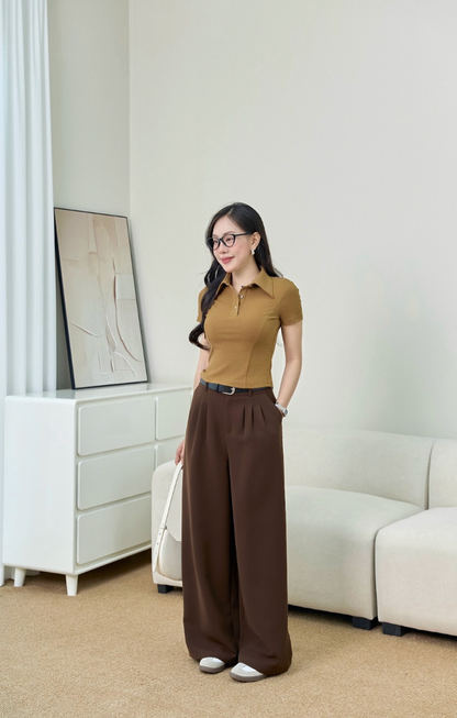 Áo polo cổ nhọn phối cúc kiểu - Vàng bò + Quần suông tôn dáng - Nâu đậm (PL003+QA240)