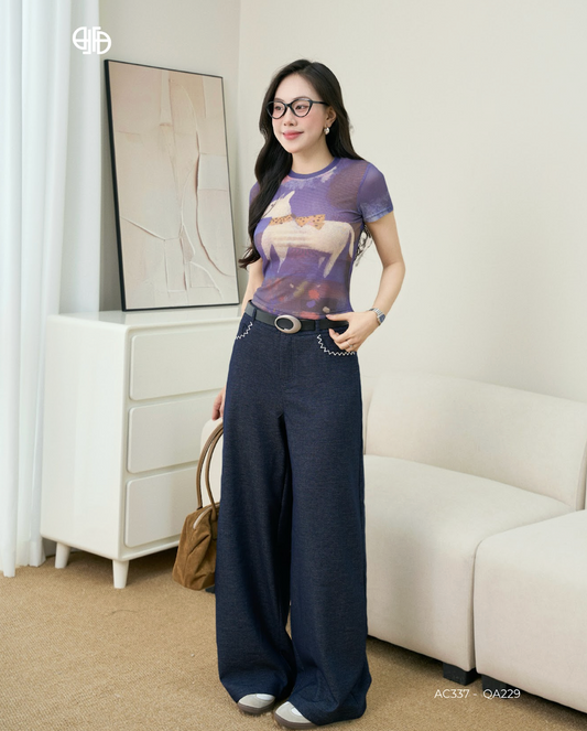 Áo Thun In Nghệ Thuật Blue Muse Phối Quần Thêu Ziczac AC337+QA229
