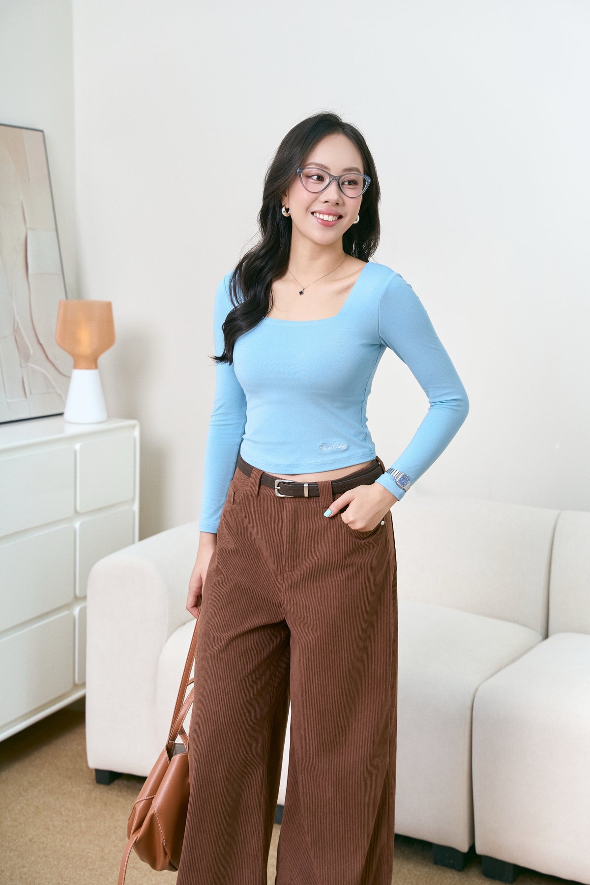 Áo Cổ Vuông Dài Tay Thêu Gấu - Xanh Da Trời (AC349+QA216)