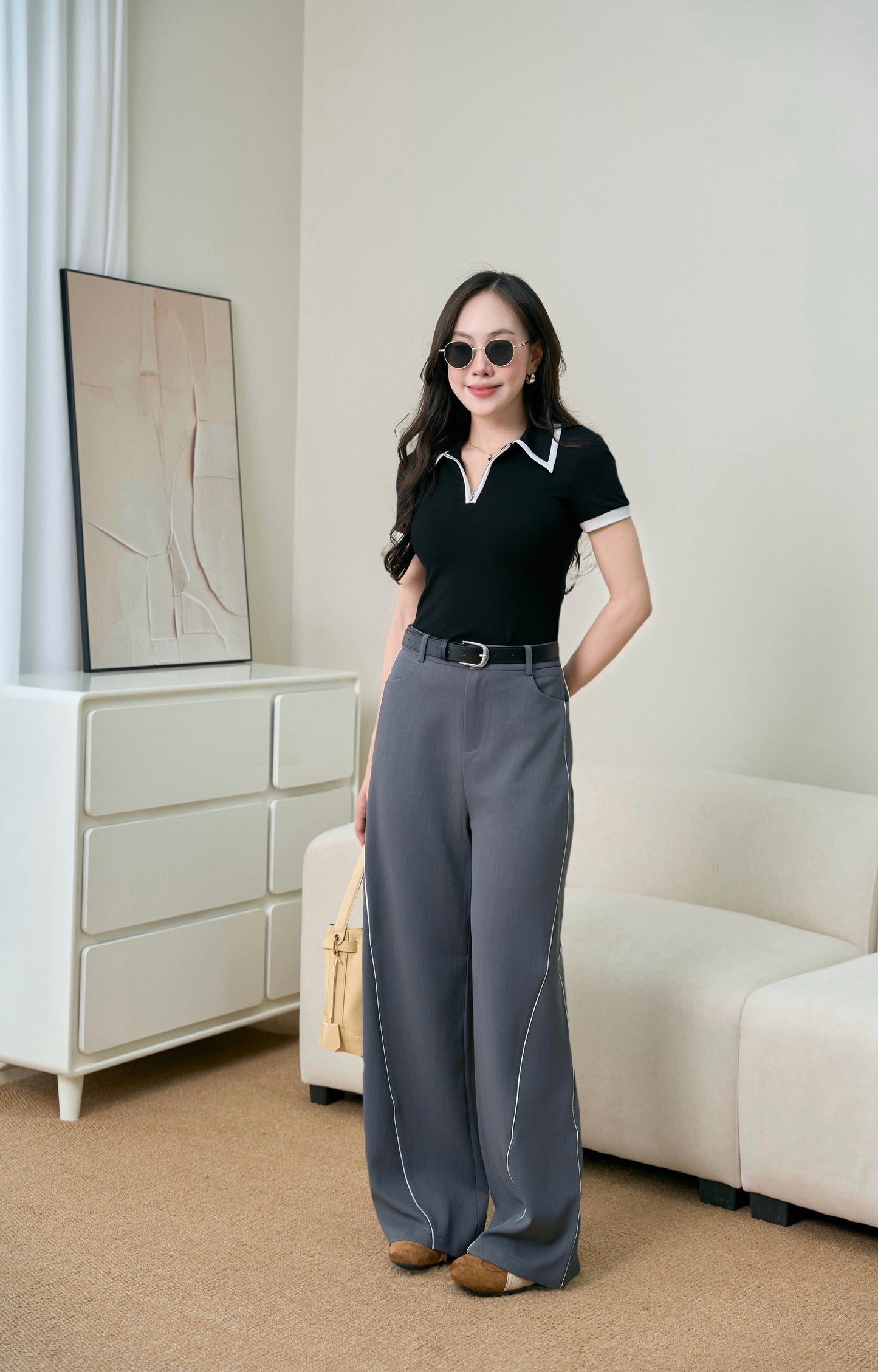 Áo polo khóa đồng phối cổ kết hợp Quần Tây Phối Lé Trắng (Pl002-Qa180)