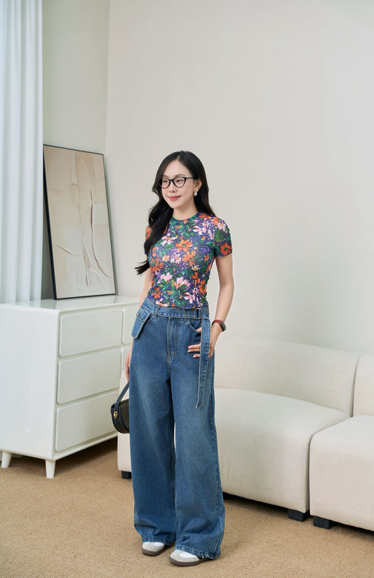 Áo thun Dạ Hoa Nhiệt Đới Phối Quần Jeans Dây Đai Túi ( AC342 + QJ157 )