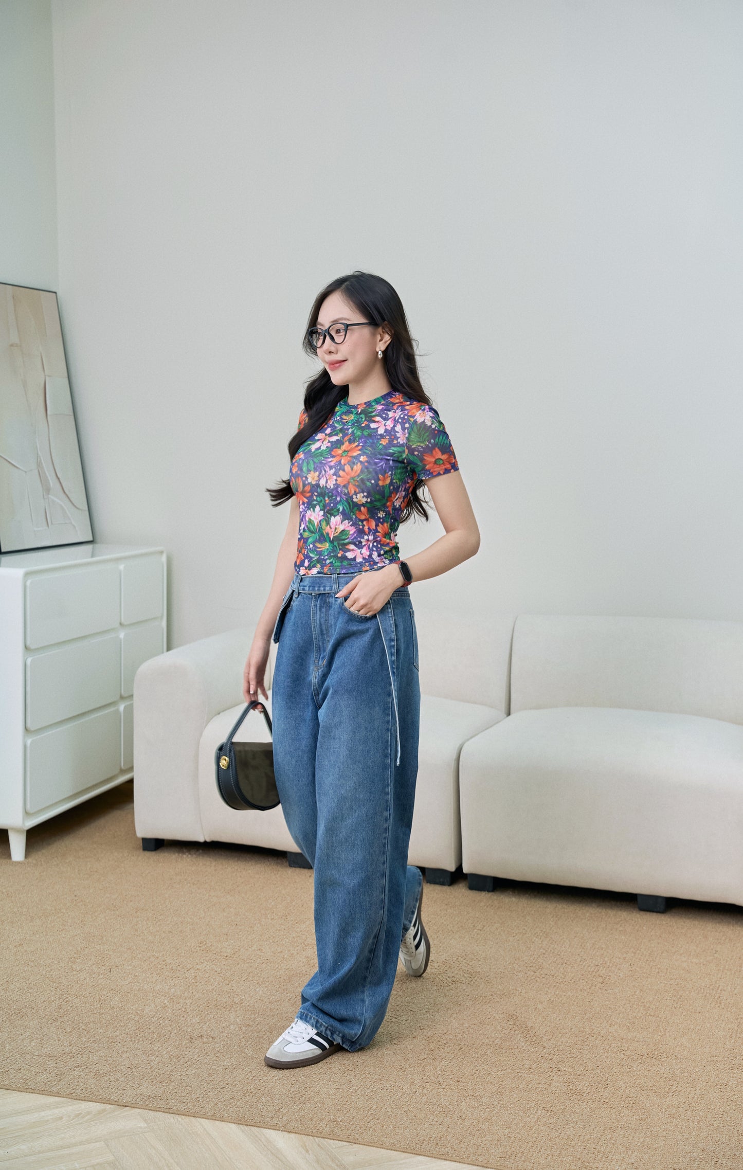 Áo thun Dạ Hoa Nhiệt Đới Phối Quần Jeans Dây Đai Túi ( AC342 + QJ157 )