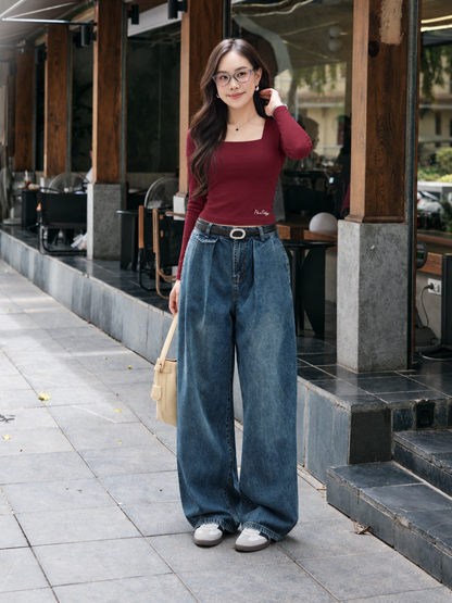 Áo Cổ Vuông Dài Tay Thêu Gấu - Đỏ Đô (AC349+QJ143)