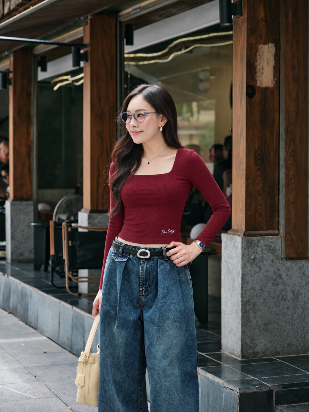 Áo Cổ Vuông Dài Tay Thêu Gấu - Đỏ Đô (AC349+QJ143)