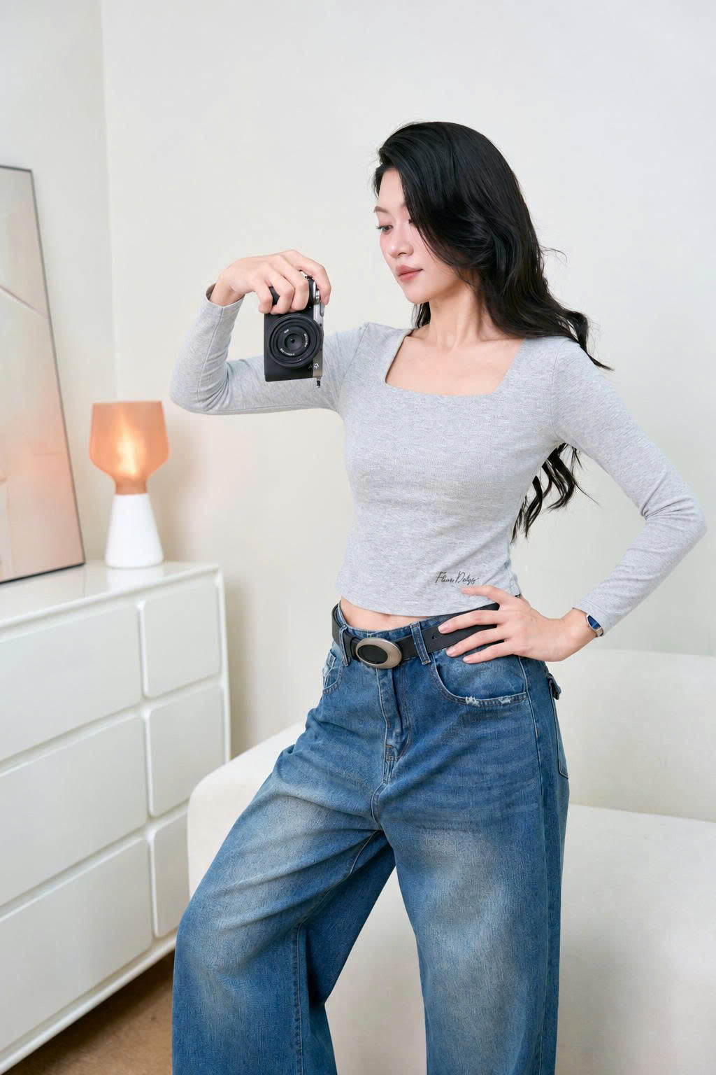 Áo Cổ Vuông Dài Tay Xám Thêu Gấu (AC349+QJ161)