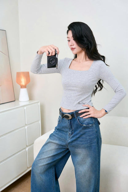 Áo Cổ Vuông Dài Tay Xám Thêu Gấu (AC349+QJ161)