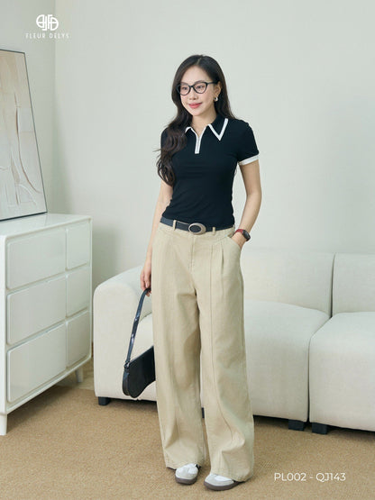 Áo polo khóa đồng phối cổ - Đen + Quần JEAN Ghép 3 Mảnh - Be( PL002+QJ143)