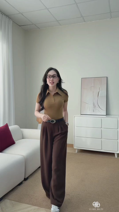 Áo polo cổ nhọn phối cúc kiểu - Vàng bò + Quần suông tôn dáng - Nâu đậm (PL003+QA240)